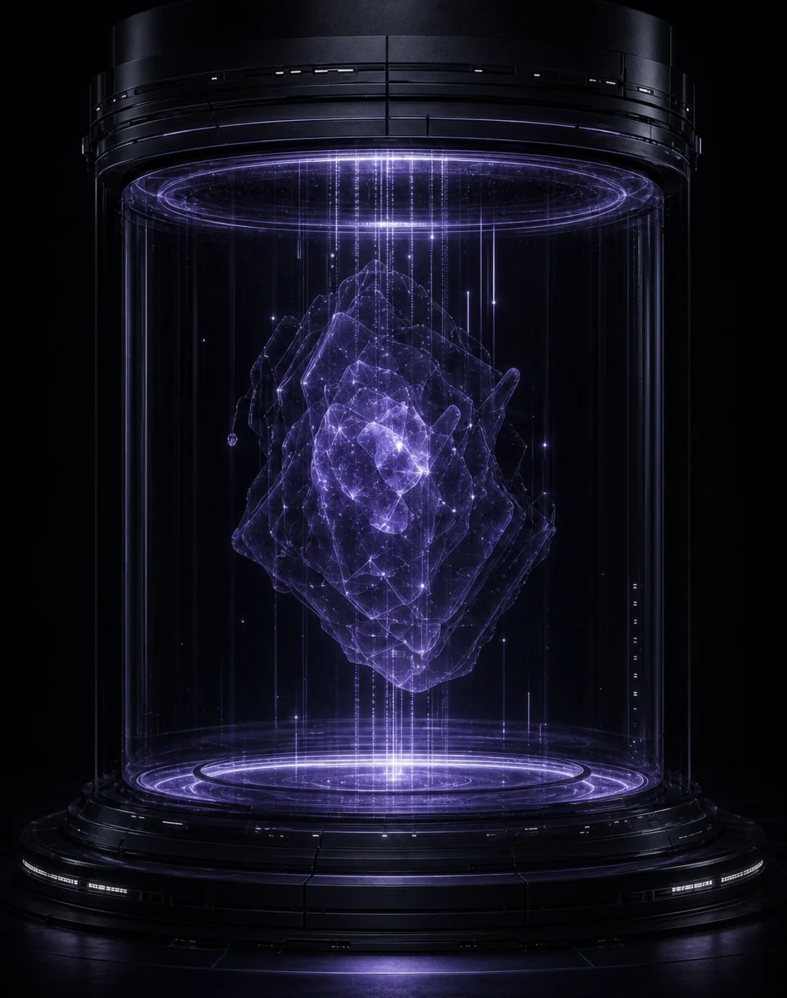A crystalline intelligence suspended inside a futuristic containment chamber